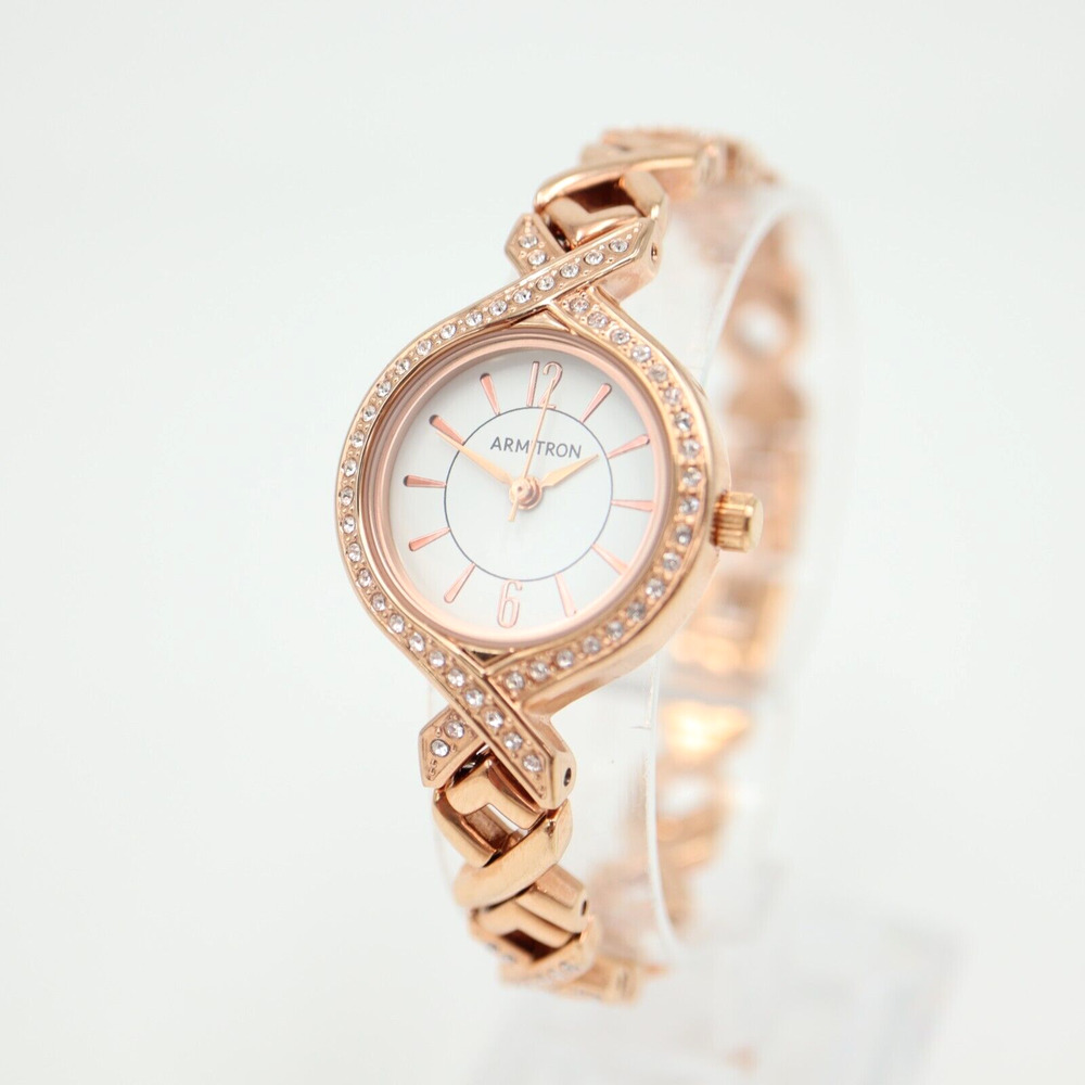 Armitron Womens Rose Gold Tone Watch 24mm Jewel Bezel Bracelet w New Battery